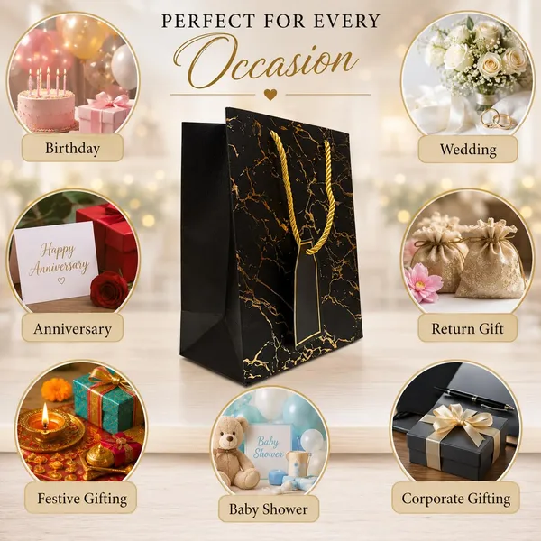 Izels_Metallic_Paper_Gift_Bag_With_Gold_Foiling_23x18x10_Cm_Black_10_Pcs