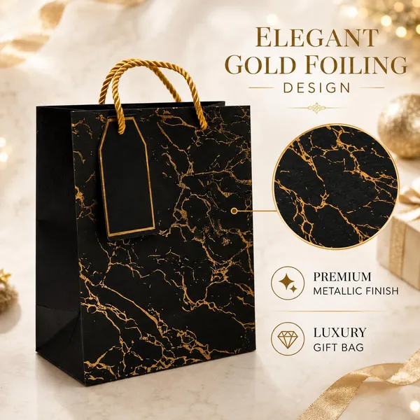 Izels_Metallic_Paper_Gift_Bag_With_Gold_Foiling_23x18x10_Cm_Black_10_Pcs
