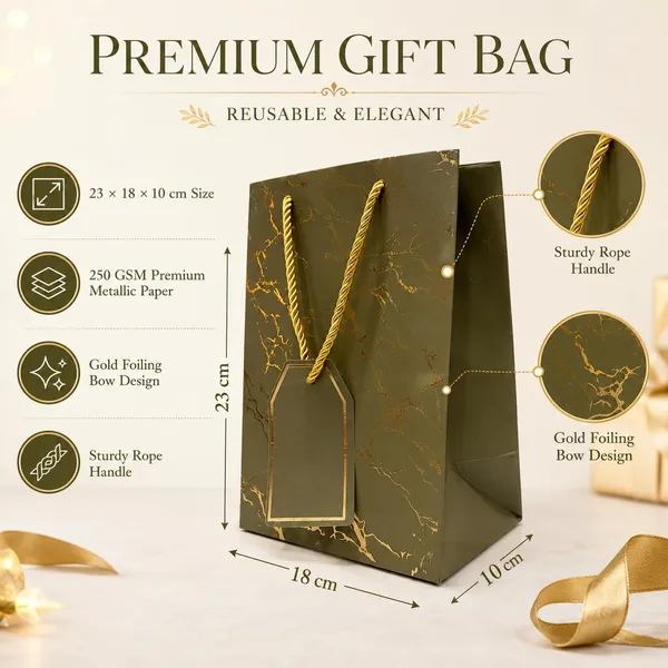 Izels_Metallic_Paper_Gift_Bag_With_Gold_Foiling_23x18x10_Cm_Green_10_Pcs