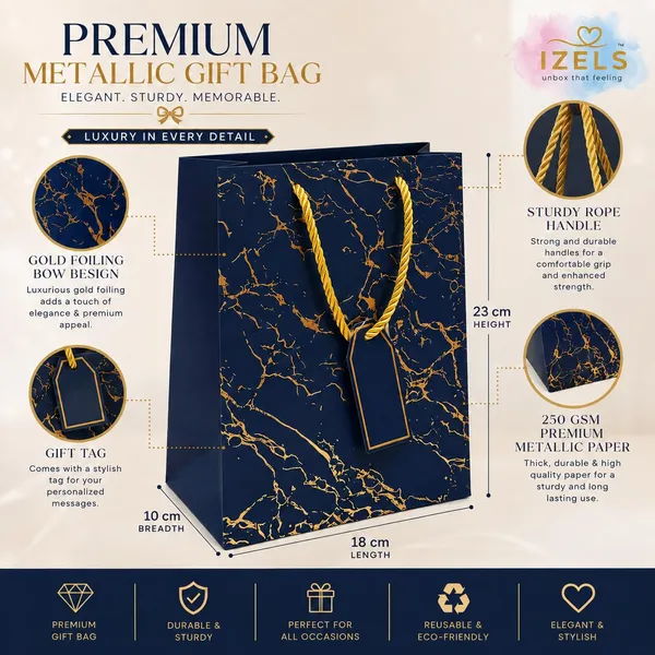 Izels_Metallic_Paper_Gift_Bag_With_Gold_Foiling_23x18x10_Cm_Blue_10_Pcs