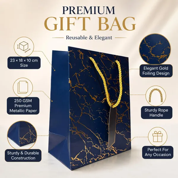 Izels_Metallic_Paper_Gift_Bag_With_Gold_Foiling_23x18x10_Cm_Blue_10_Pcs