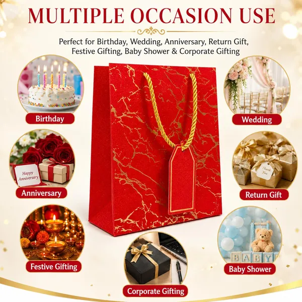 Izels_Glitter_Gift_Bag_With_Marble_Design_Gold_Foiling_23x18x10_Cm_Red_Pack_Of_5
