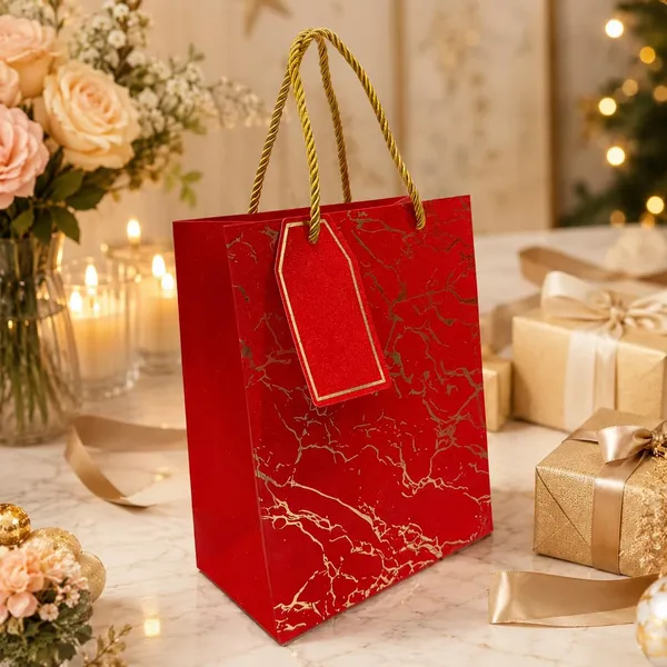 Izels_Glitter_Gift_Bag_With_Marble_Design_Gold_Foiling_23x18x10_Cm_Red_Pack_Of_5