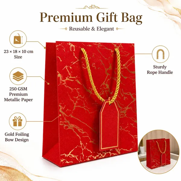 Izels_Glitter_Gift_Bag_With_Marble_Design_Gold_Foiling_23x18x10_Cm_Red_Pack_Of_5