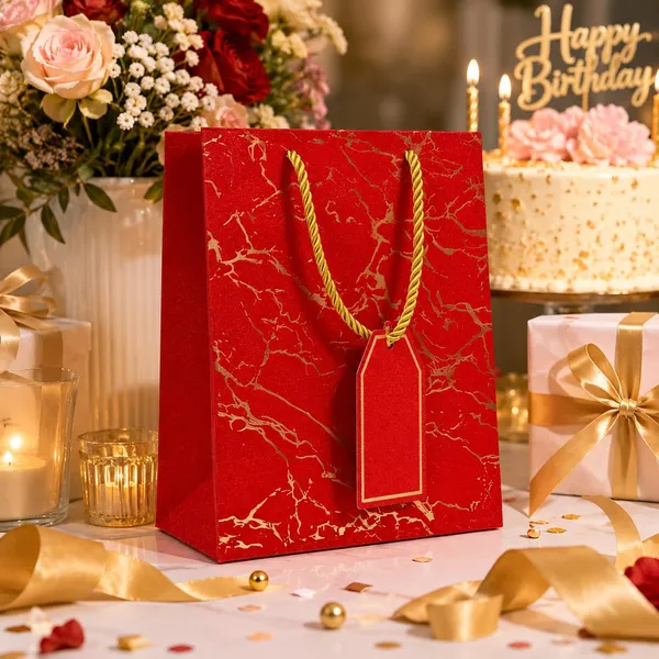 Izels_Glitter_Gift_Bag_With_Marble_Design_Gold_Foiling_23x18x10_Cm_Red_Pack_Of_5