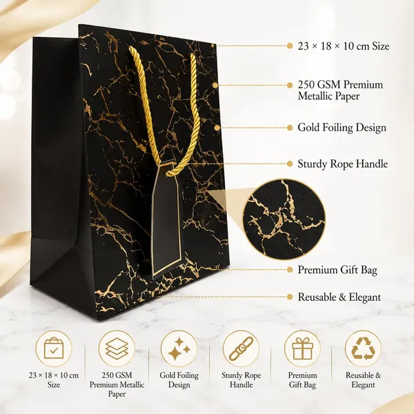 Izels_Metallic_Paper_Gift_Bag_With_Gold_Foiling_23x18x10_Cm_Black_10_Pcs