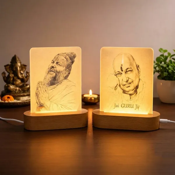 Izels_Jai_Guru_Ji_And_Premanand_Ji_Maharaj_LED_Acrylic_Lamp_Combo_Set_Of_2_Spiritual_Guru_Gift_USB_Powered_Wooden_Base_8x6_Inch