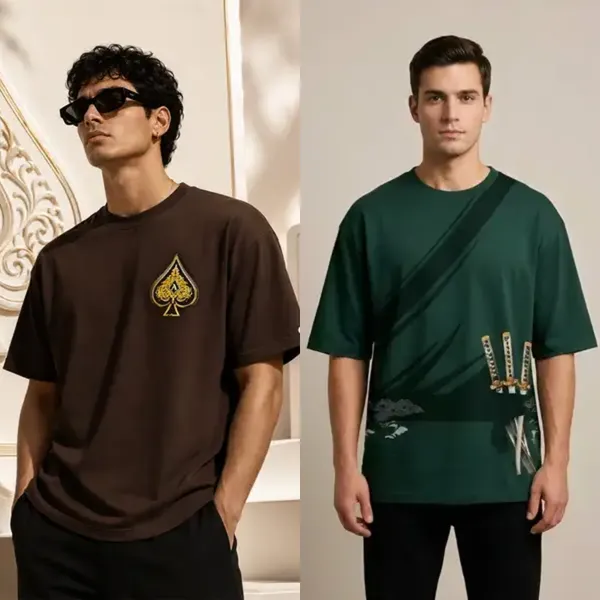 Green_Cotton_Oversized_Samurai_Graphic_T_Shirt_For_Men_&_Brown_Cotton_Oversized_Printed_T_Shirt_For_Men_(Combo_of_2)