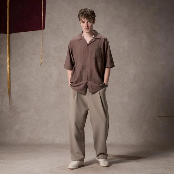 Men_Brown_Camp_Collar_Oversized_Short_Sleeve_Shirt