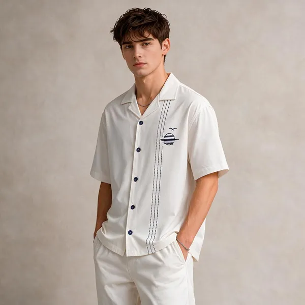 Men's_White_Cuban_Collar_Shirt_Navy_Blue_Embroidered_Stripe_And_Sunset_Design_Short_Sleeve_Summer_Casual_Wear