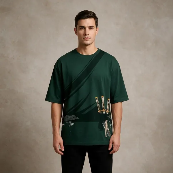 Green_Cotton_Oversized_Samurai_Graphic_T_Shirt_For_Men_&_Brown_Cotton_Oversized_Printed_T_Shirt_For_Men_(Combo_of_2)