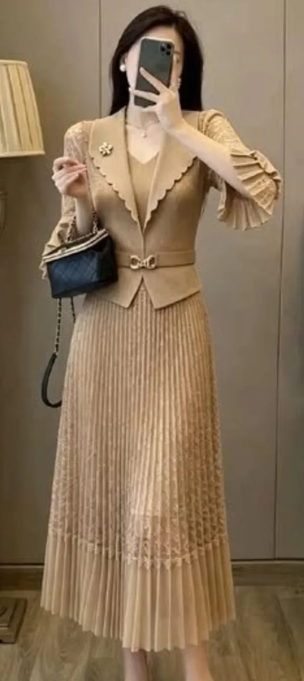 Beige_Pleated_Fit_And_Flare_Dress_for_Women