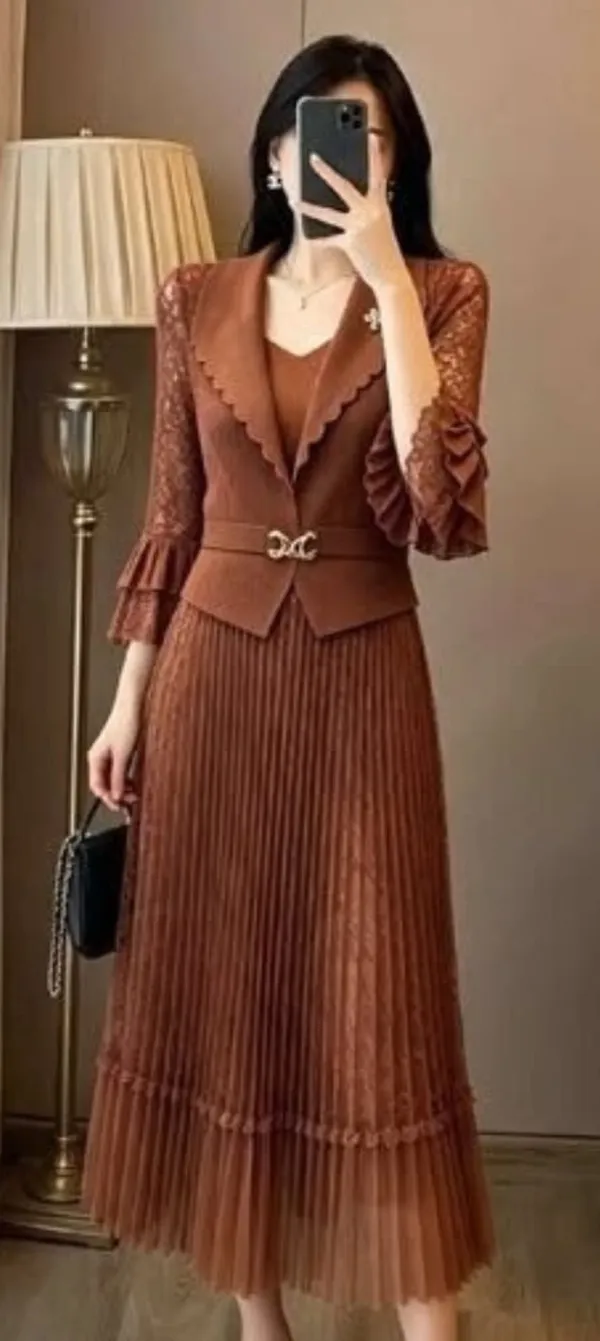 Brown_Pleated_Fit_And_Flare_Dress_For_Women