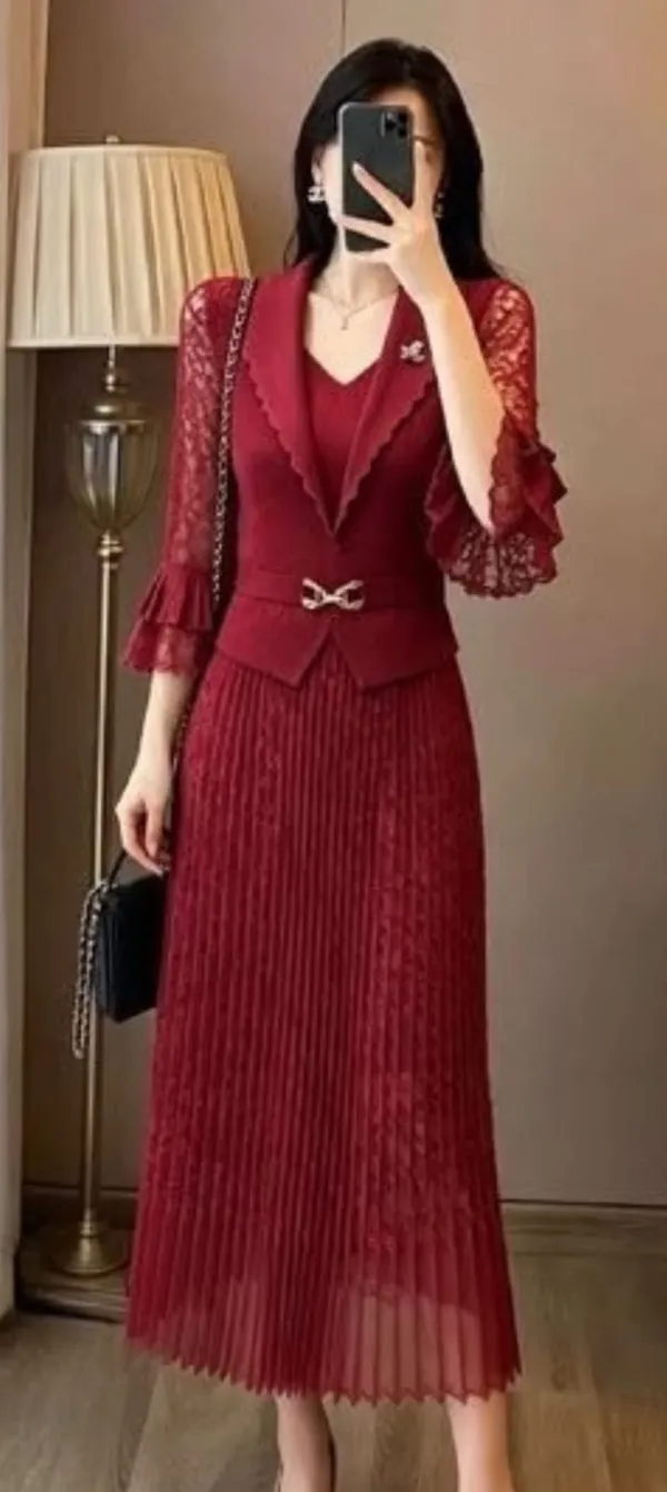 Red_Lace_Sleeve_Pleated_Midi_Dress_for_Women