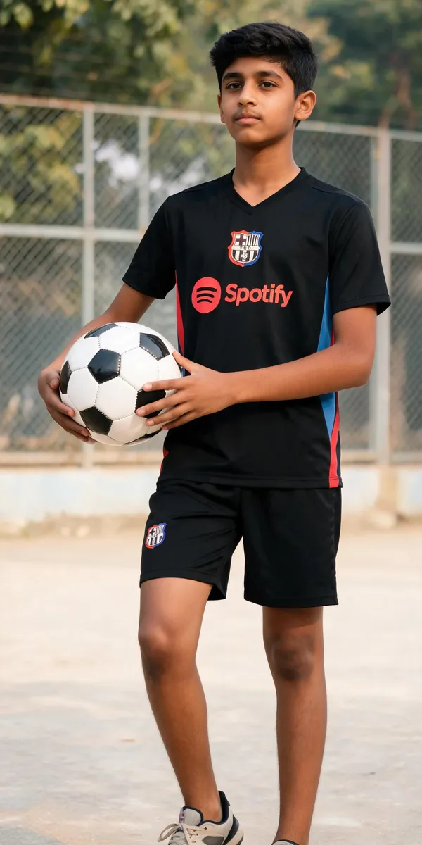 Black_Polyester_Barcelona_Football_Jersey_&_Shorts_Set_For_Boys_&_Girls
