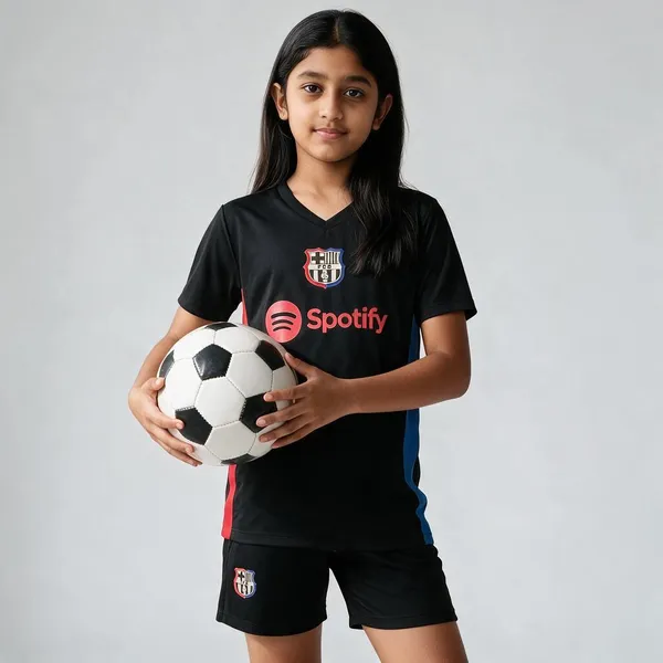 Black_Polyester_Barcelona_Football_Jersey_&_Shorts_Set_For_Boys_&_Girls
