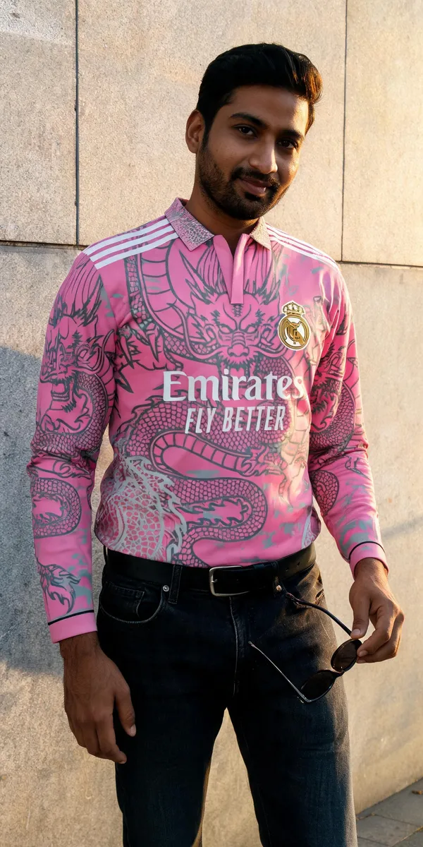 Pink_Linen_Dragon_Print_Full_Sleeve_Polo_T-Shirt_For_Men