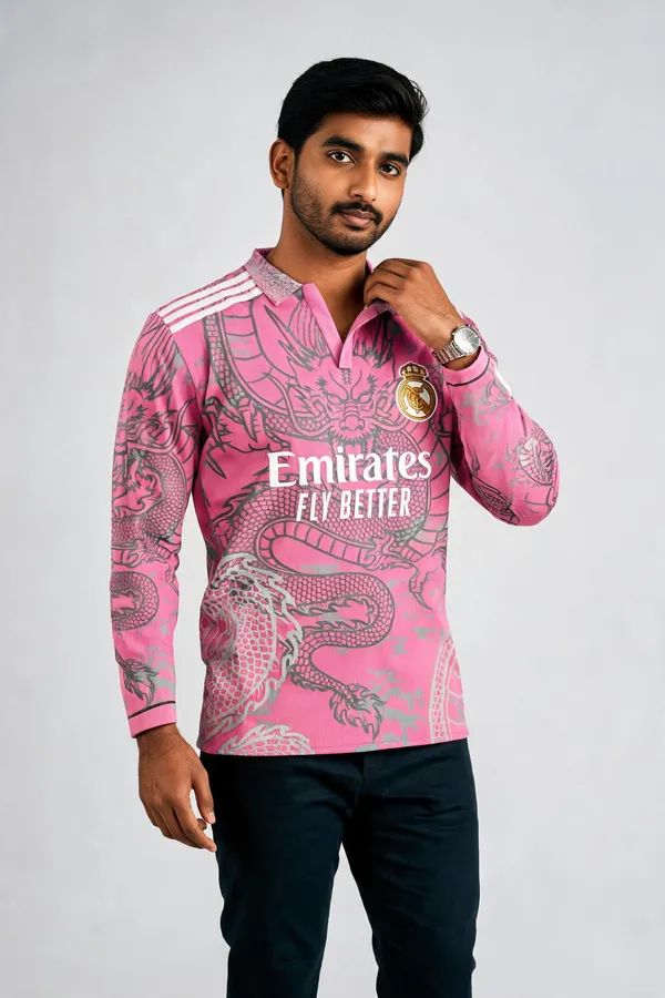 Pink_Linen_Dragon_Print_Full_Sleeve_Polo_T-Shirt_For_Men