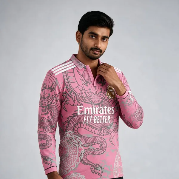 Pink_Linen_Dragon_Print_Full_Sleeve_Polo_T-Shirt_For_Men