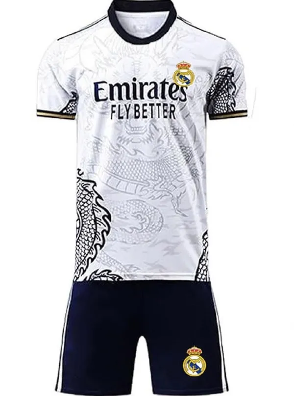 White_Lycra_Regular_Fit_Dragon_Print_Football_T-Shirt_&_Shorts_Set_For_Boys_&_Girls