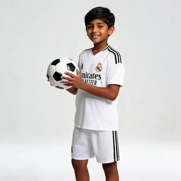 White_Polyester_Real_Madrid_Football_Jersey_And_Shorts_Set_For_Kids