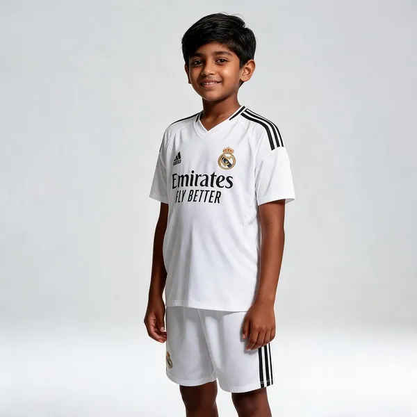 White_Polyester_Real_Madrid_Football_Jersey_And_Shorts_Set_For_Kids