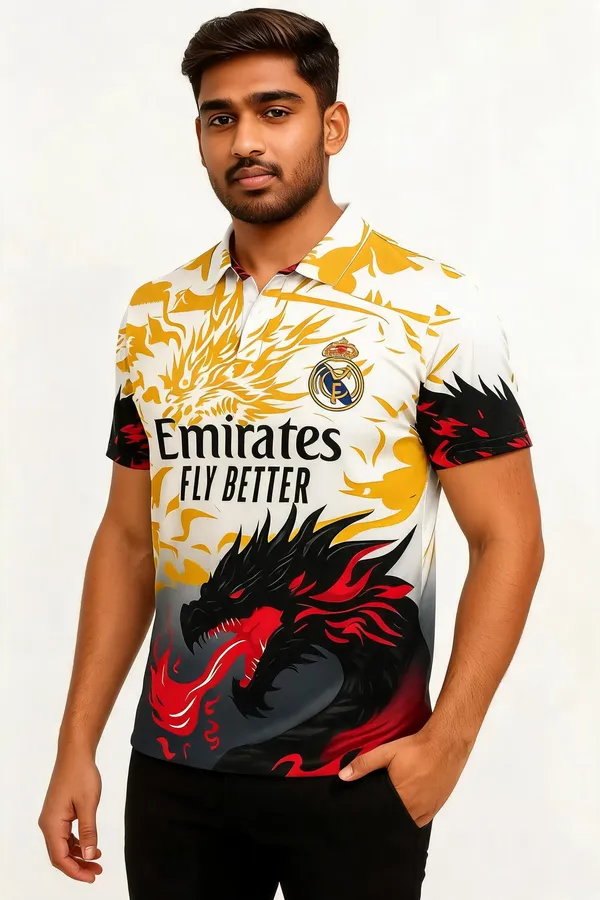 Multicolor_Linen_Dragon_Print_Half_Sleeve_Polo_T-Shirt_For_Men
