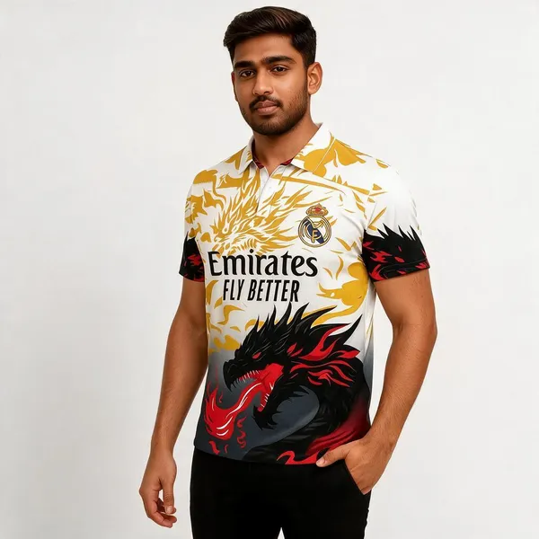 Multicolor_Linen_Dragon_Print_Half_Sleeve_Polo_T-Shirt_For_Men