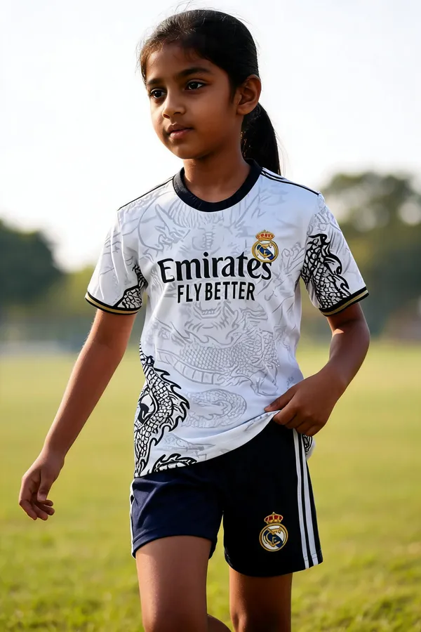 White_Lycra_Regular_Fit_Dragon_Print_Football_T-Shirt_&_Shorts_Set_For_Boys_&_Girls