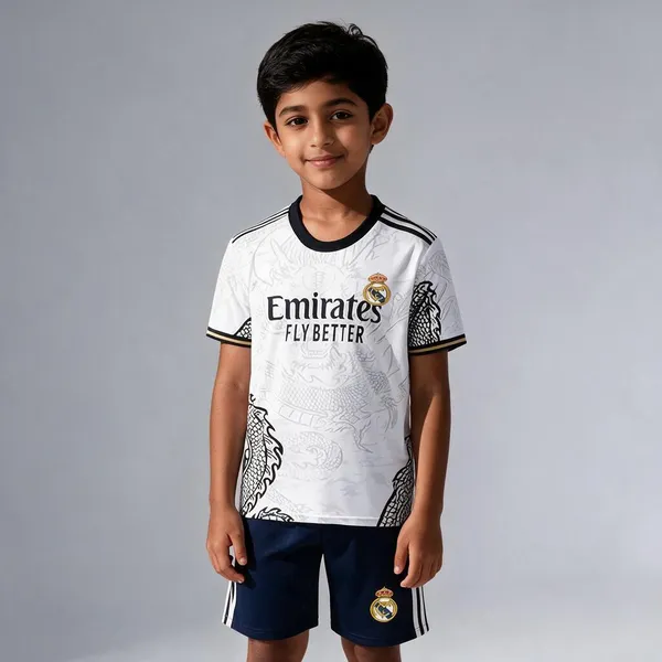 White_Lycra_Regular_Fit_Dragon_Print_Football_T-Shirt_&_Shorts_Set_For_Boys_&_Girls