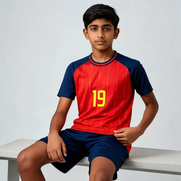 Red_Navy_Linen_Spain_Football_Jersey_&_Shorts_Set_For_Boys