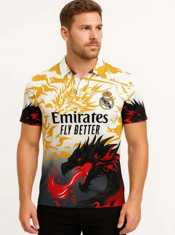 Multicolor_Linen_Dragon_Print_Half_Sleeve_Polo_T-Shirt_For_Men