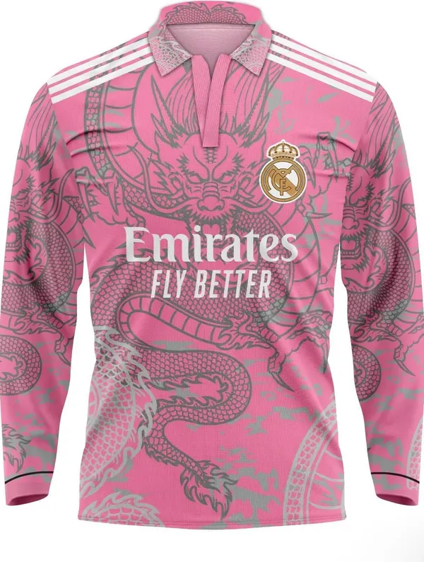 Pink_Linen_Dragon_Print_Full_Sleeve_Polo_T-Shirt_For_Men
