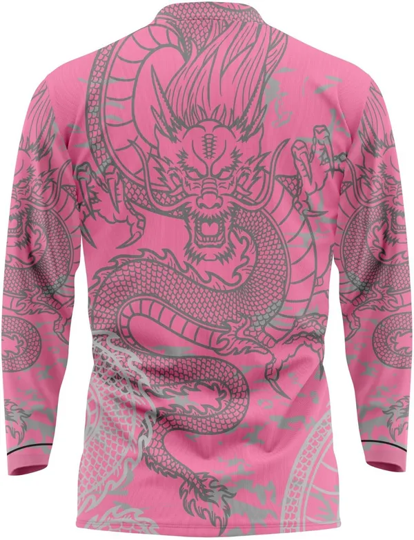 Pink_Linen_Dragon_Print_Full_Sleeve_Polo_T-Shirt_For_Men