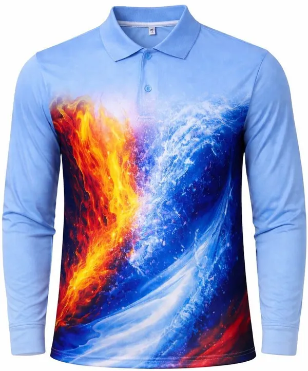 Light_Blue_Linen_Fire_&_Water_Print_Polo_T-Shirt_For_Men