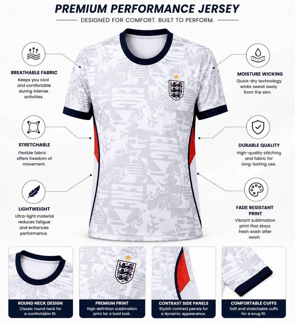White_Linen_Round_Neck_England_Football_Jersey_T-Shirt_For_Men