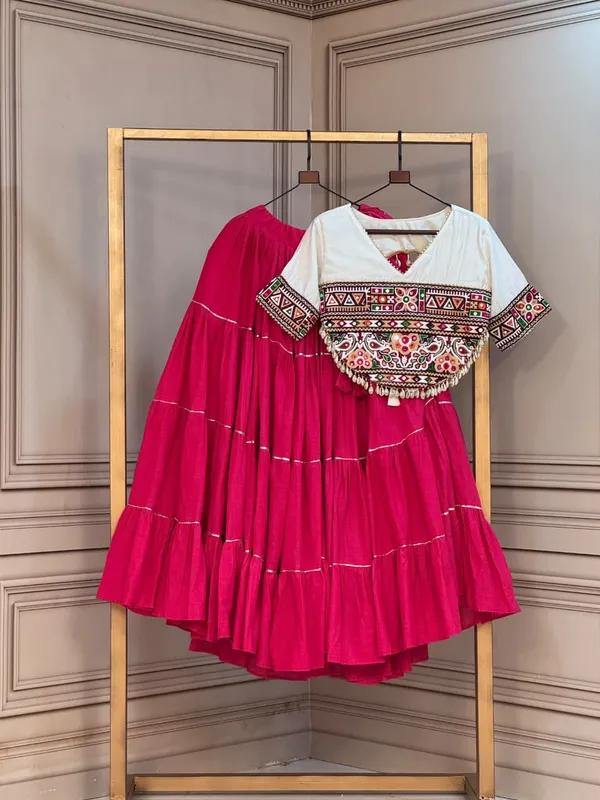 Sm_Kora_Cotton_Full_Stitched_Lehenga_With_Kutchi_Patchwork_Blouse_Rani_Pink