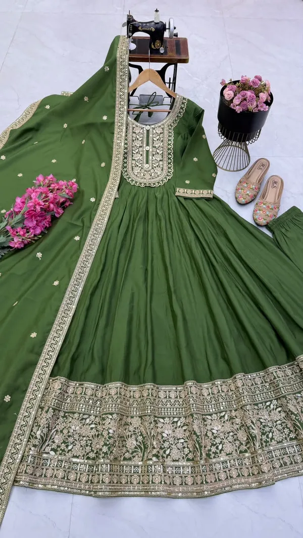 Sm_New_Designer_Party_Gown_Pant_Dupatta_Olive_Green