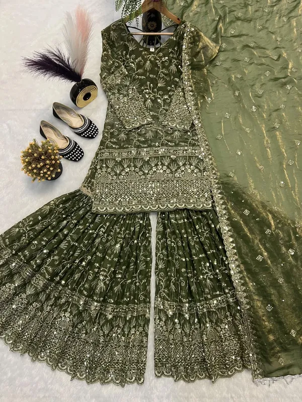 Sm_Designer_Fancy_Crushed_Silk_Sharara_Suit_Set_With_5mm_Sequence_Embroidery_Dupatta_Olive_Green