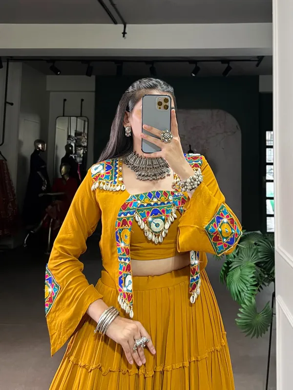 Sm_Pure_Rayon_10m_Flair_Navratri_Lehenga_Choli_With_Designer_Mirror_Work_Jacket_Set_Fully_Stitched_Mustard_Yellow