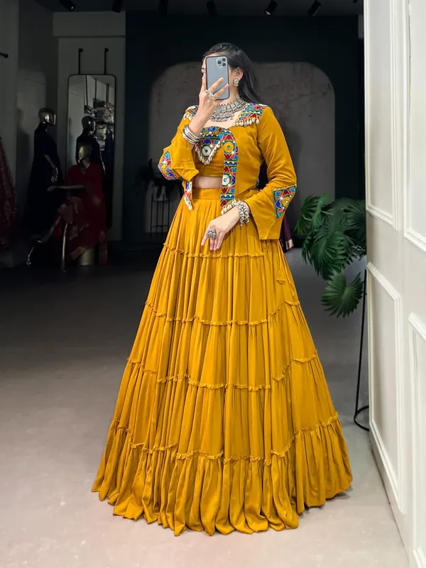 Sm_Pure_Rayon_10m_Flair_Navratri_Lehenga_Choli_With_Designer_Mirror_Work_Jacket_Set_Fully_Stitched_Mustard_Yellow