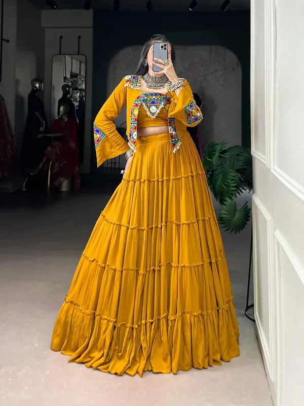 Sm_Pure_Rayon_10m_Flair_Navratri_Lehenga_Choli_With_Designer_Mirror_Work_Jacket_Set_Fully_Stitched_Mustard_Yellow