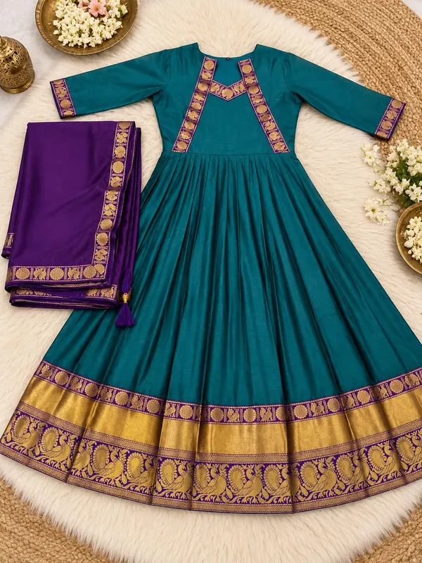 Sm_The_Rukmani_Collection_Premium_Cotton_Spun_Festive_Gown_With_Rangoli_Silk_Dupatta_Teal