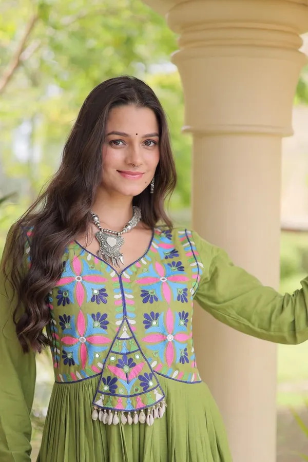 Sm_Multi_Thread_Gota_Patti_Embroidered_Full_Sleeves_Cotton_Gown_Olive_Green