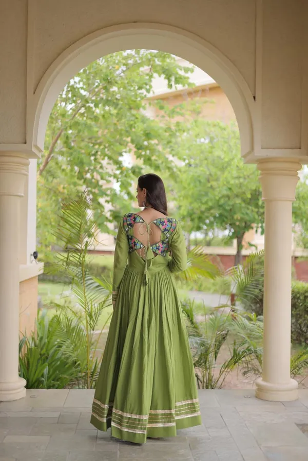Sm_Multi_Thread_Gota_Patti_Embroidered_Full_Sleeves_Cotton_Gown_Olive_Green
