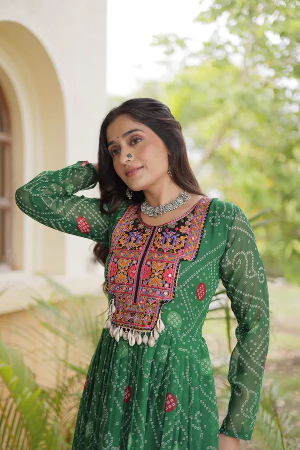 Sm_Grand_Flair_Bandhani_Print_Faux_Georgette_Gown_With_Kutchi_Patchwork_Green