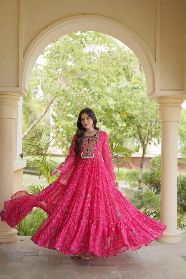Sm_Grand_Flair_Bandhani_Print_Faux_Georgette_Gown_With_Kutchi_Patchwork_Rani_Pink