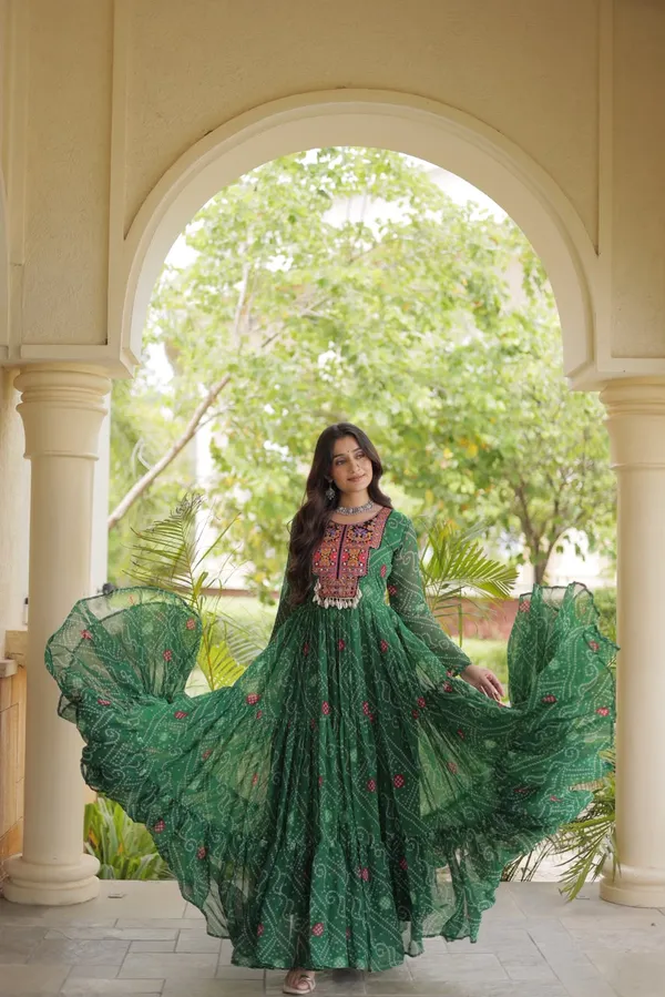 Sm_Grand_Flair_Bandhani_Print_Faux_Georgette_Gown_With_Kutchi_Patchwork_Rani_Pink
