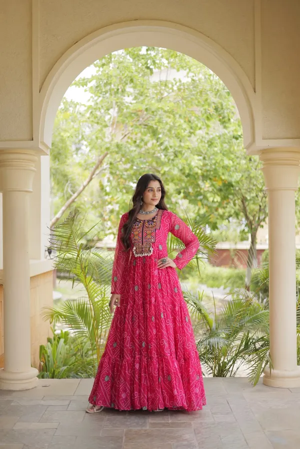 Sm_Grand_Flair_Bandhani_Print_Faux_Georgette_Gown_With_Kutchi_Patchwork_Rani_Pink