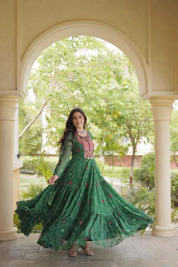 Sm_Grand_Flair_Bandhani_Print_Faux_Georgette_Gown_With_Kutchi_Patchwork_Rani_Pink